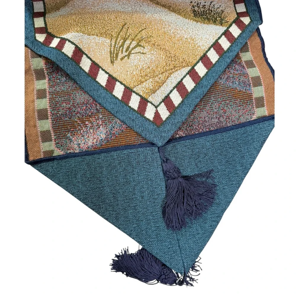 70x13 Blue Lighthouse Woven Tapestry Table Runner Tassels Coastal Nautical Beach
